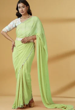 Pre Stitched Georgette Scalloped Saree in Light Green
