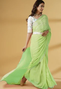 Pre Stitched Georgette Scalloped Saree in Light Green