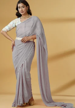Pre Stitched Georgette Scalloped Saree in Grey