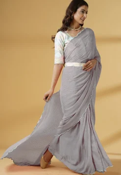 Pre Stitched Georgette Scalloped Saree in Grey