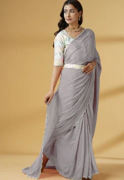 Pre Stitched Georgette Scalloped Saree in Grey