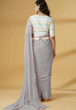 Pre Stitched Georgette Scalloped Saree in Grey