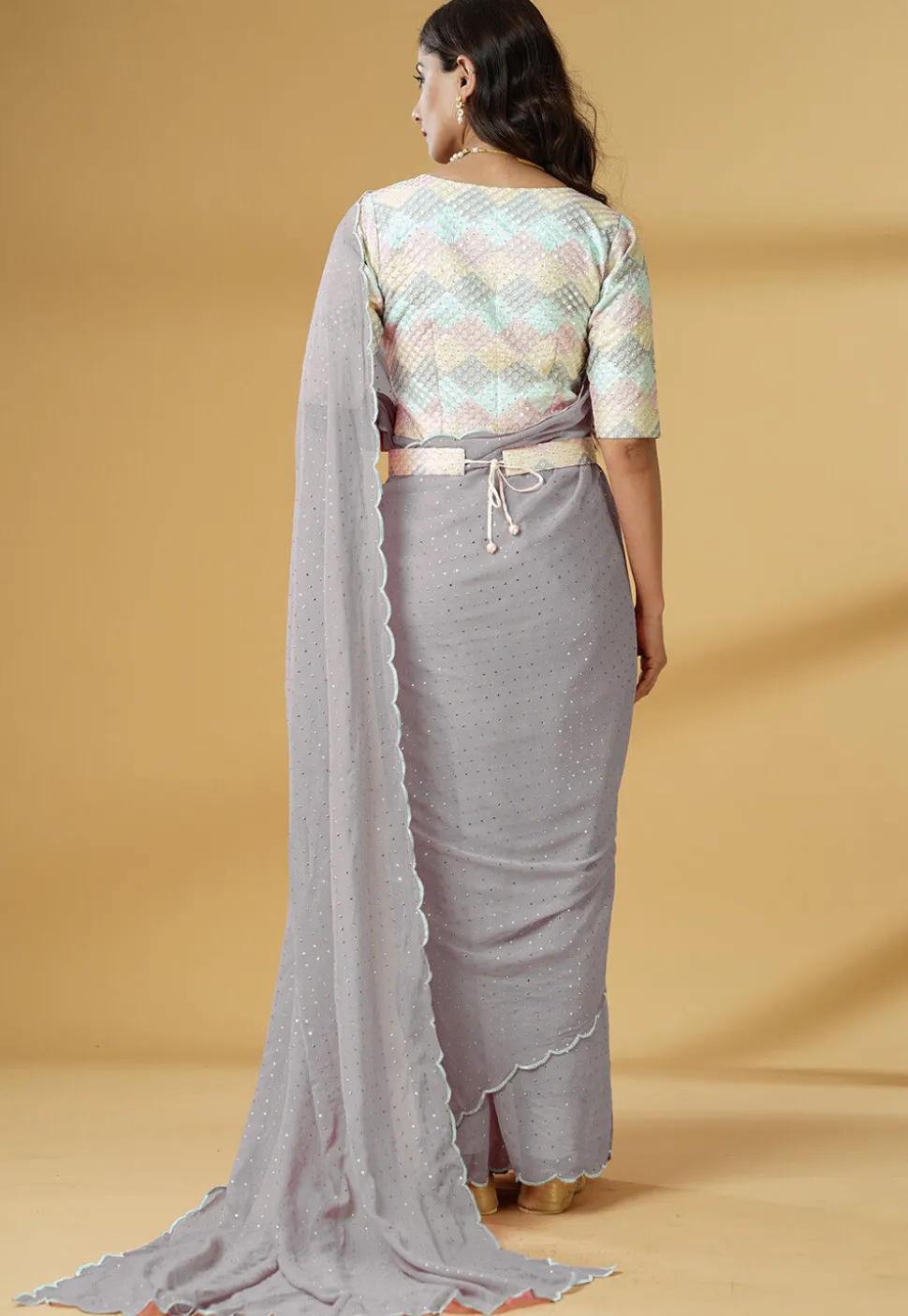 Pre Stitched Georgette Scalloped Saree in Grey