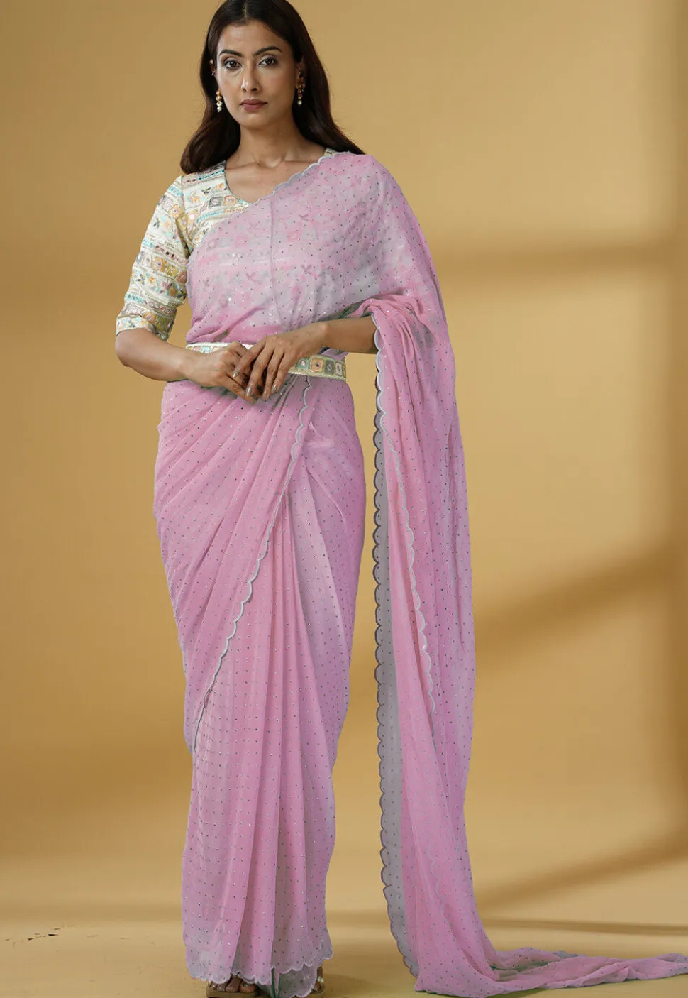 Pre Stitched Georgette Scalloped Saree in Light Pink