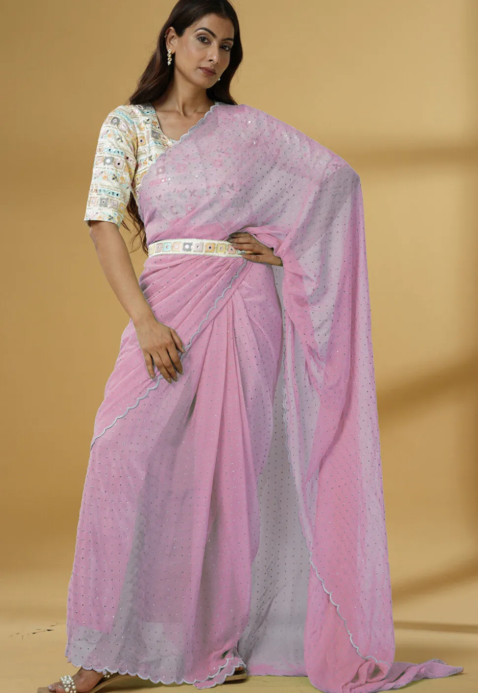 Pre Stitched Georgette Scalloped Saree in Light Pink