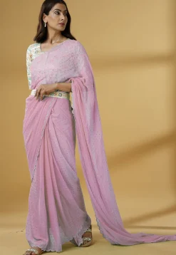 Pre Stitched Georgette Scalloped Saree in Light Pink