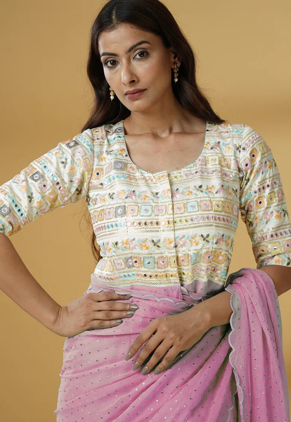 Pre Stitched Georgette Scalloped Saree in Light Pink