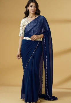 Pre Stitched Georgette Scalloped Saree in Blue