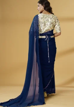 Pre Stitched Georgette Scalloped Saree in Blue