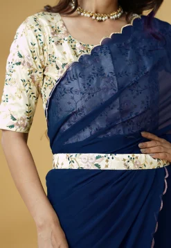 Pre Stitched Georgette Scalloped Saree in Blue
