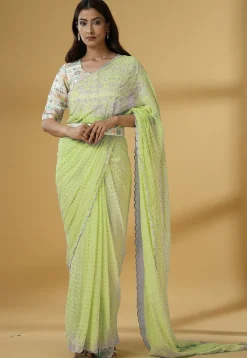 Pre Stitched Georgette Scalloped Saree in Light Green