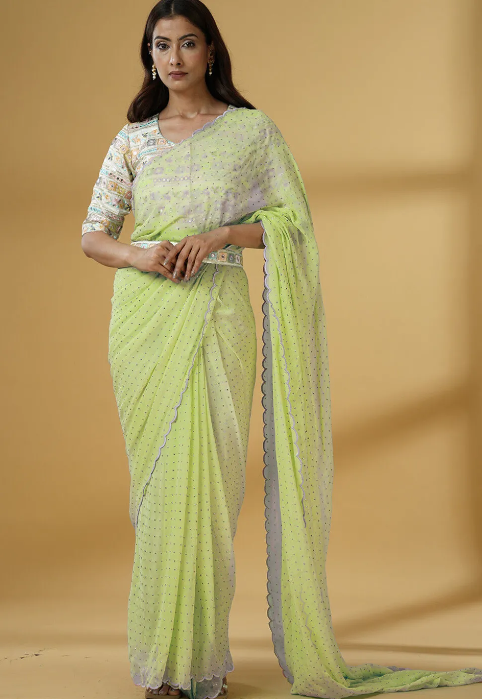 Pre Stitched Georgette Scalloped Saree in Light Green