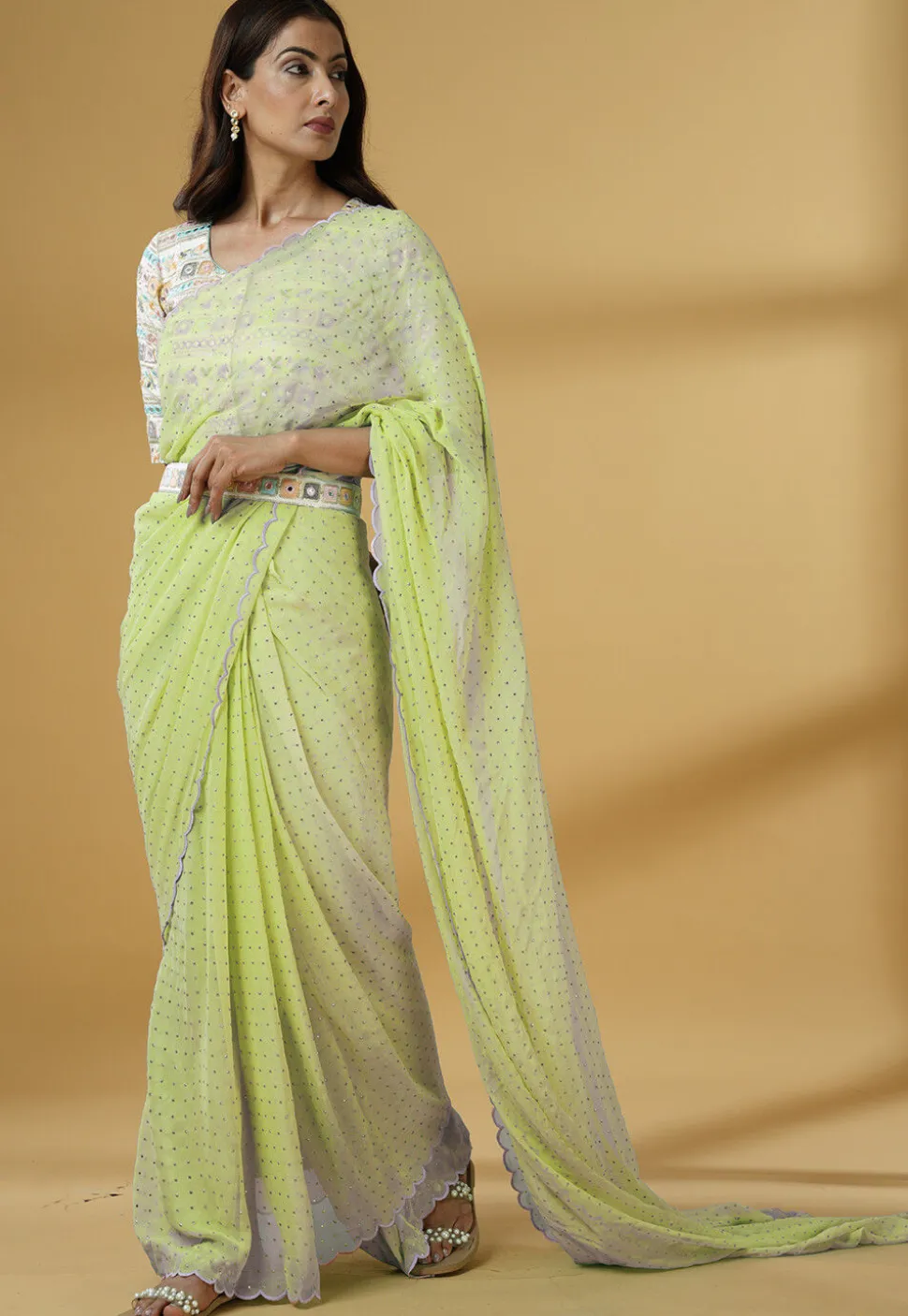 Pre Stitched Georgette Scalloped Saree in Light Green