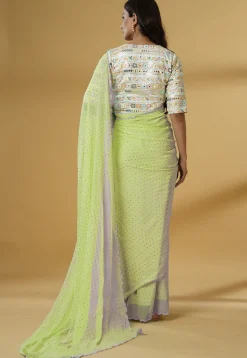Pre Stitched Georgette Scalloped Saree in Light Green