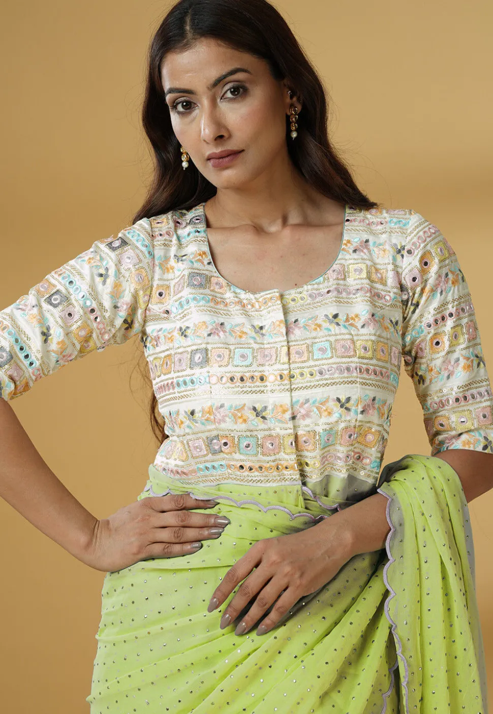 Pre Stitched Georgette Scalloped Saree in Light Green