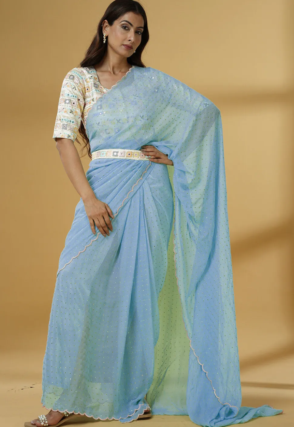Pre Stitched Georgette Scalloped Saree in Dusty Blue