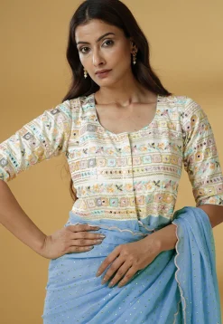 Pre Stitched Georgette Scalloped Saree in Dusty Blue
