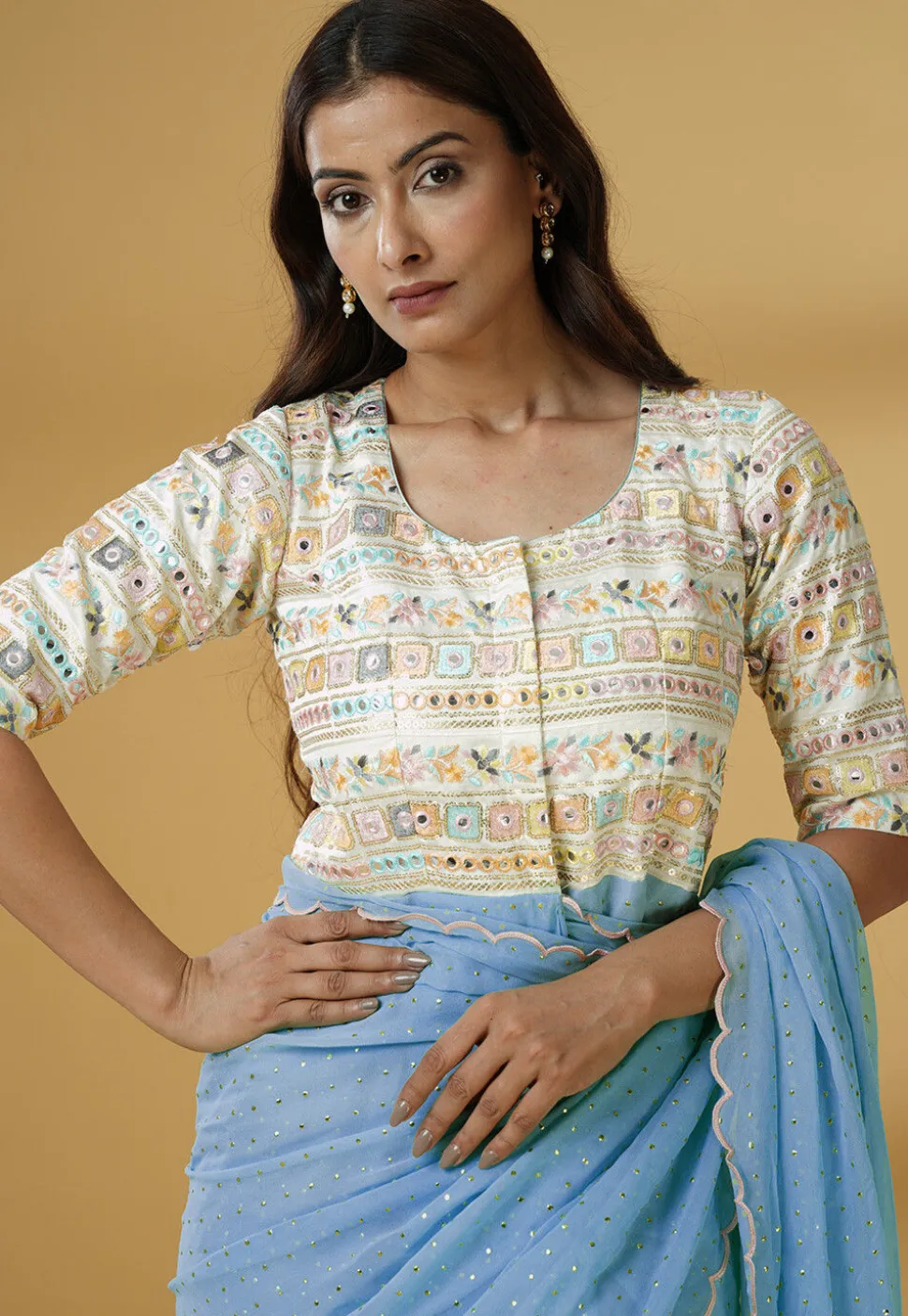 Pre Stitched Georgette Scalloped Saree in Dusty Blue