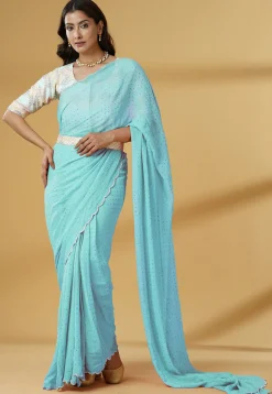 Pre Stitched Georgette Scalloped Saree in Sky Blue