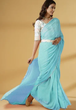 Pre Stitched Georgette Scalloped Saree in Sky Blue