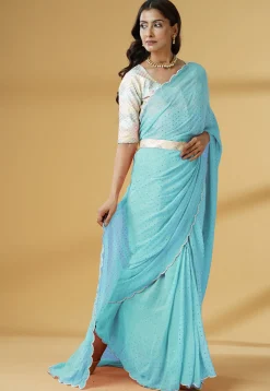 Pre Stitched Georgette Scalloped Saree in Sky Blue