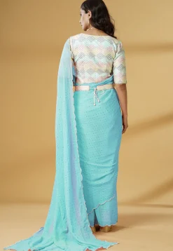 Pre Stitched Georgette Scalloped Saree in Sky Blue
