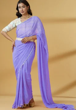 Pre Stitched Georgette Scalloped Saree in Light Purple