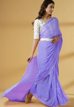 Pre Stitched Georgette Scalloped Saree in Light Purple