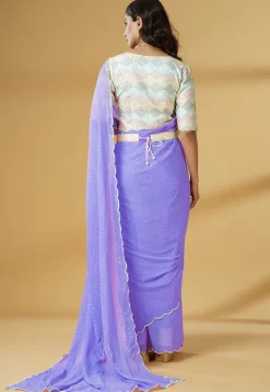 Pre Stitched Georgette Scalloped Saree in Light Purple