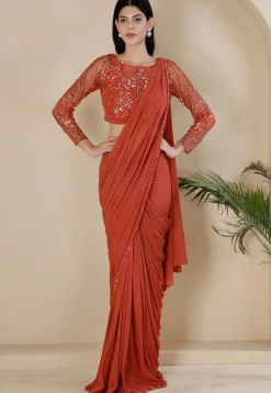 Pre Stitched Net Lycra Saree in Orange