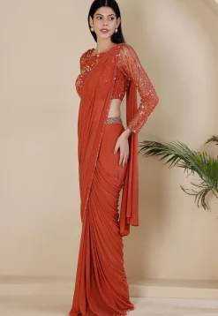 Pre Stitched Net Lycra Saree in Orange
