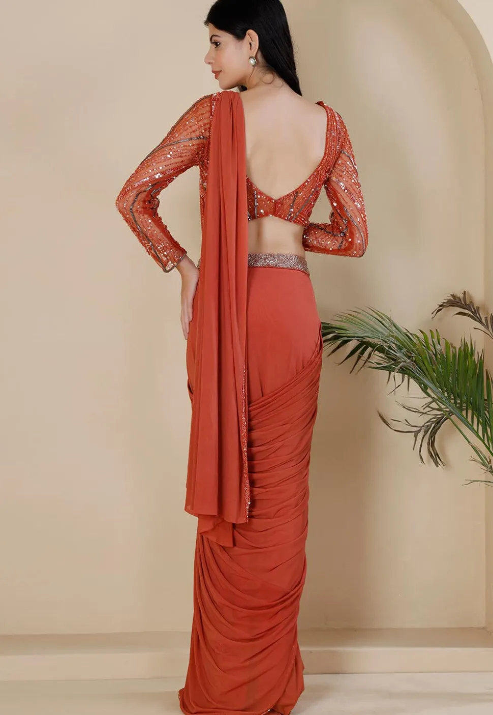 Pre Stitched Net Lycra Saree in Orange