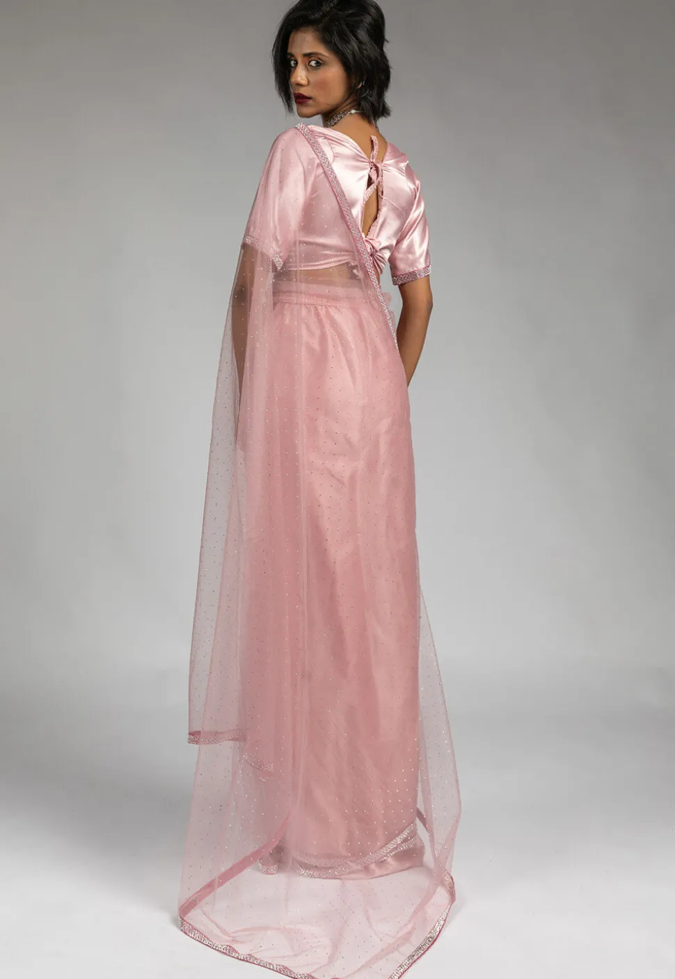 Pre Stitched Net Saree in Pink