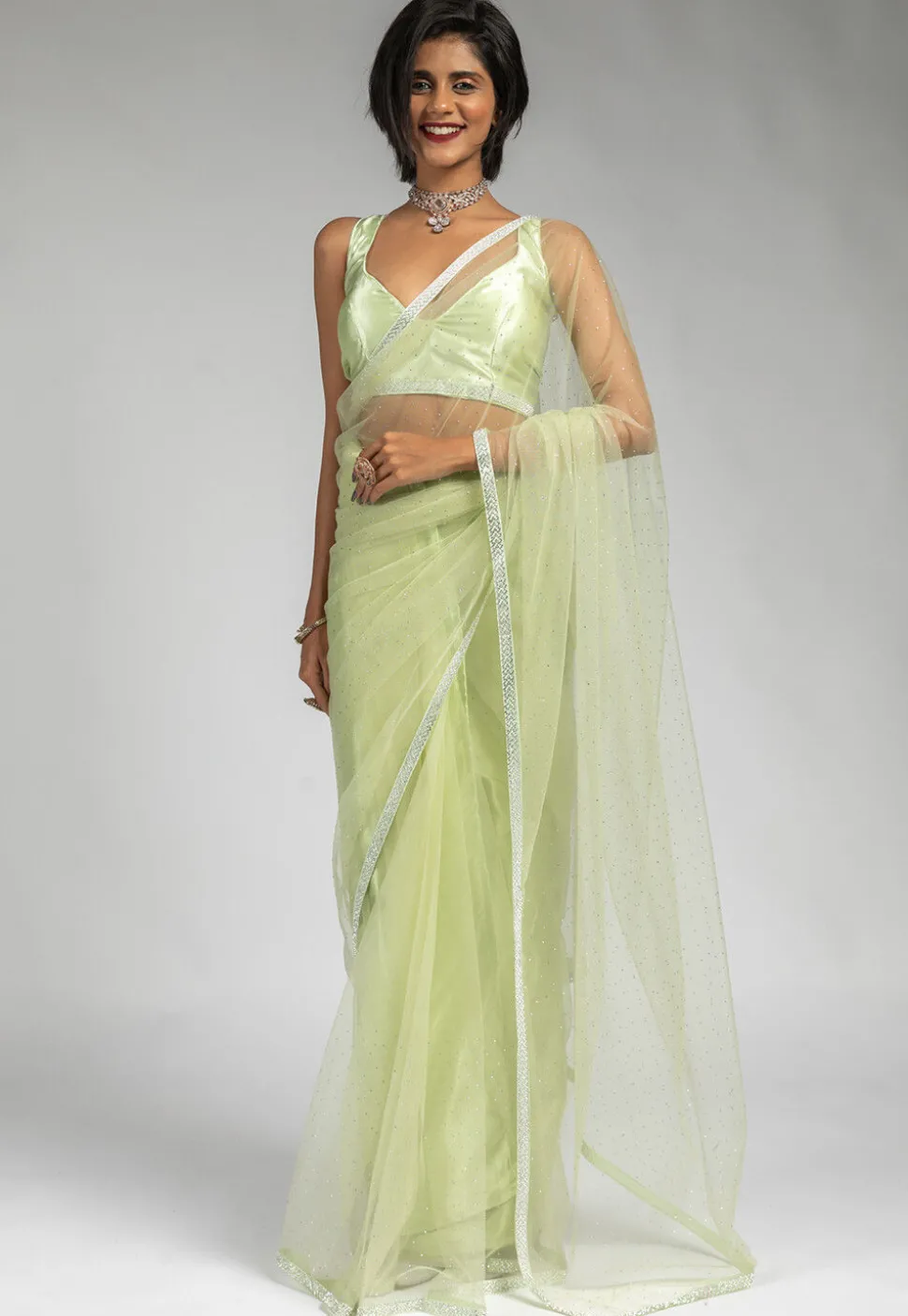 Pre Stitched Net Saree in Light Green