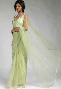 Pre Stitched Net Saree in Light Green