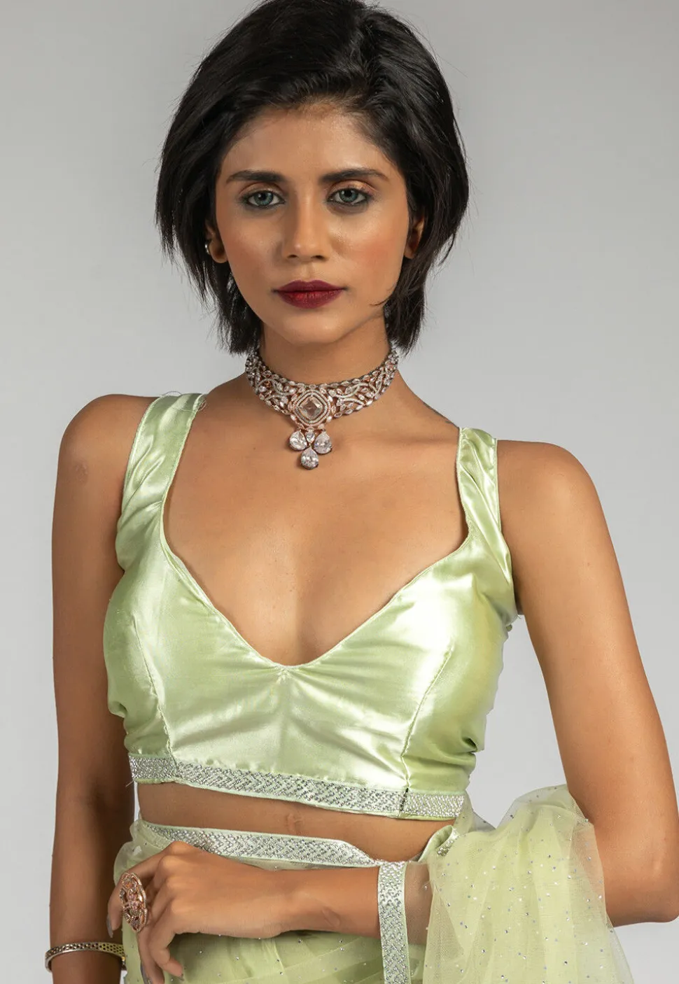 Pre Stitched Net Saree in Light Green