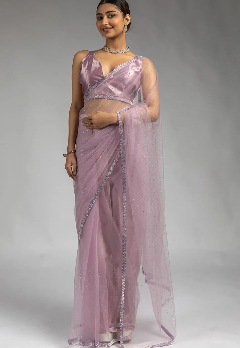 Pre Stitched Net Saree in Purple