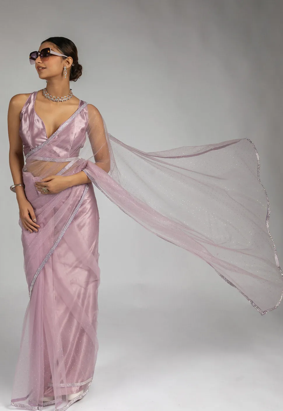 Pre Stitched Net Saree in Purple