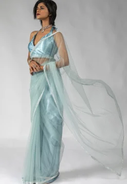 Pre Stitched Net Saree in Light Blue