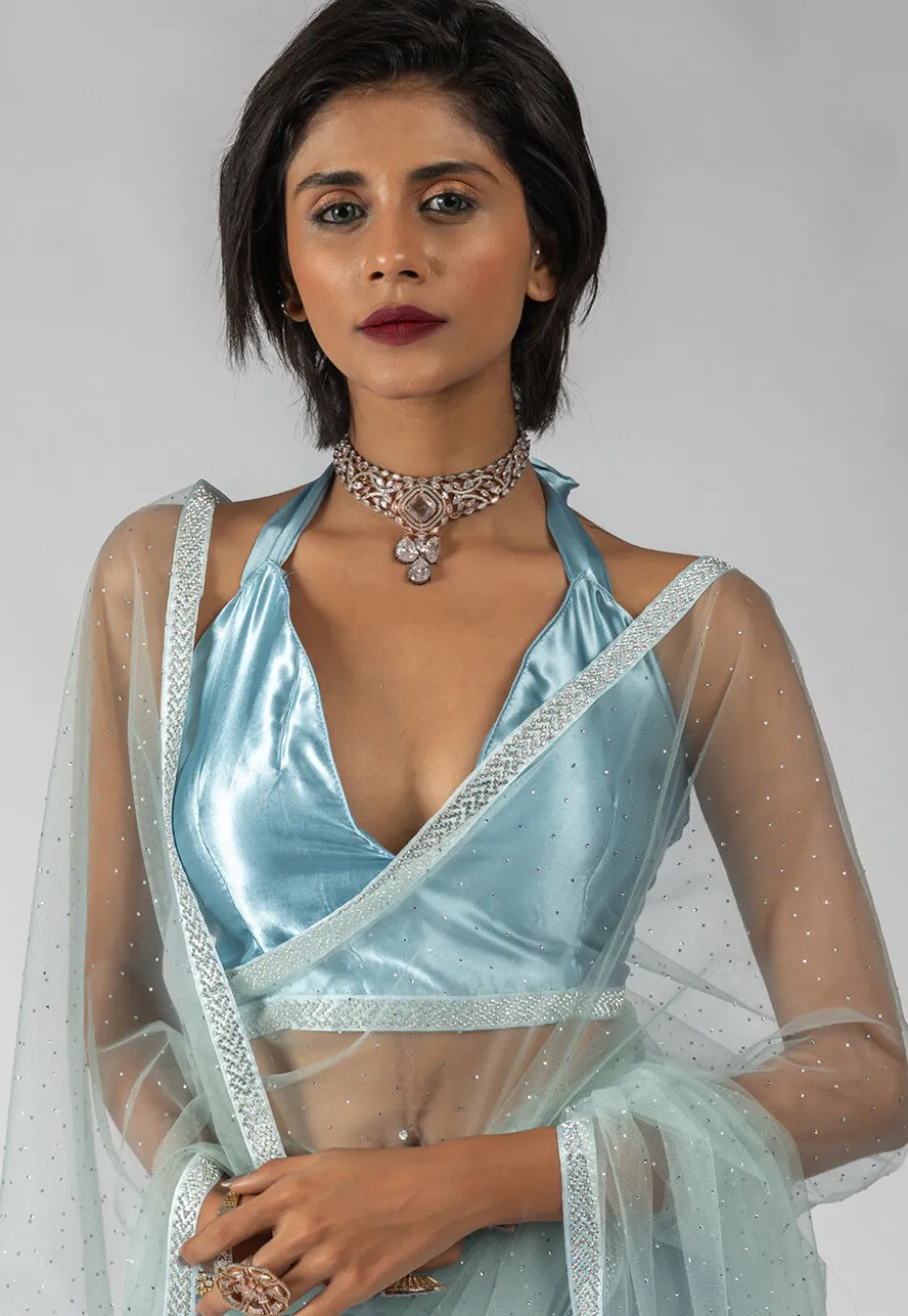 Pre Stitched Net Saree in Light Blue