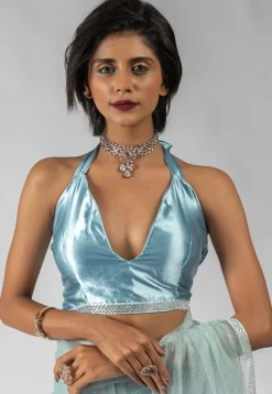 Pre Stitched Net Saree in Light Blue