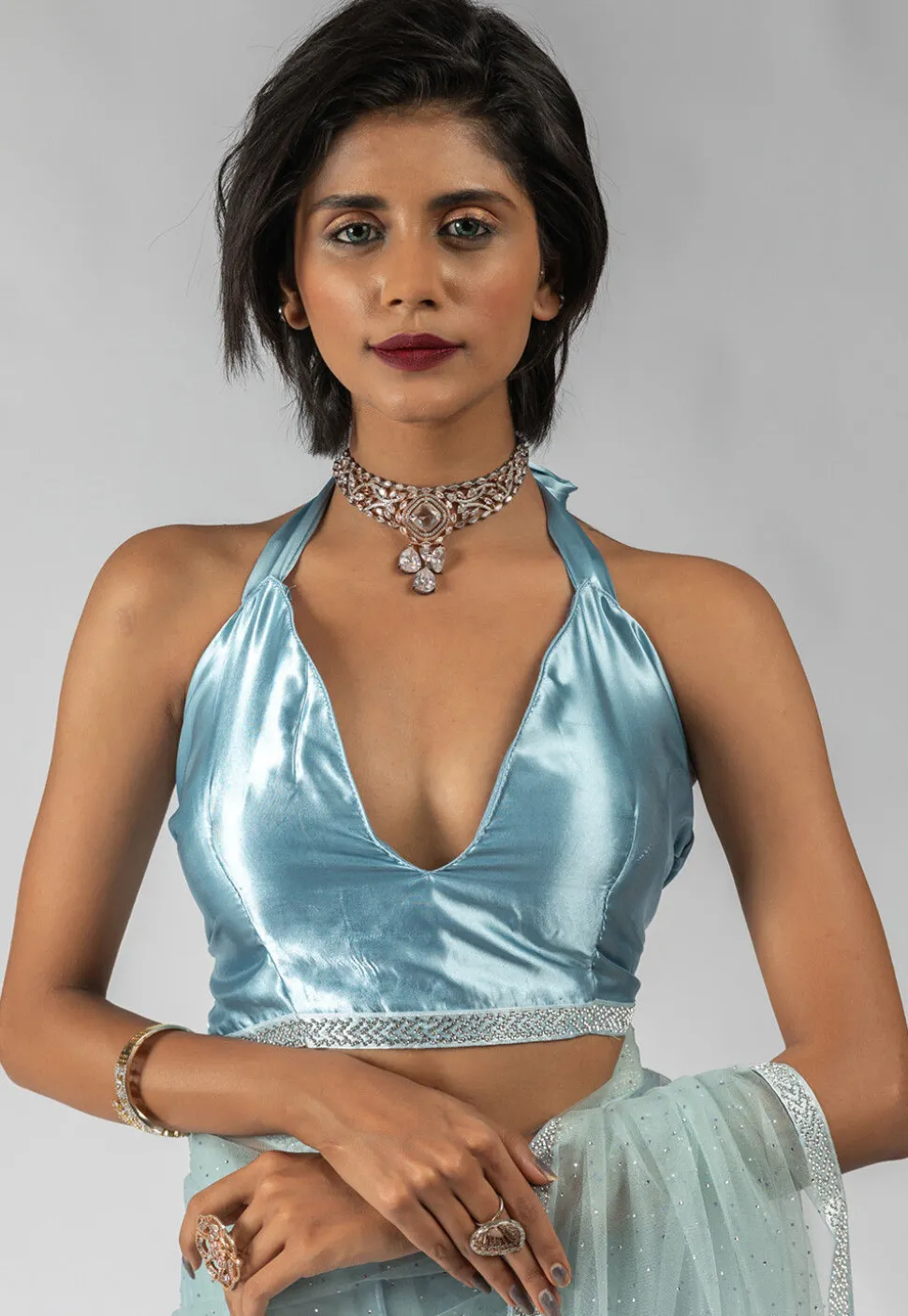 Pre Stitched Net Saree in Light Blue