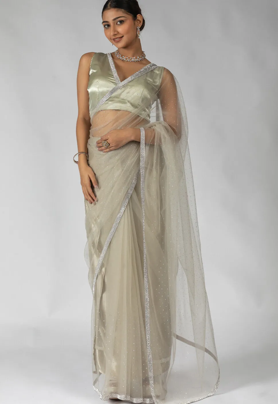 Pre Stitched Net Saree in Dusty Green
