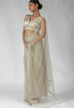 Pre Stitched Net Saree in Dusty Green