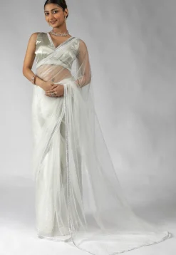 Pre Stitched Net Saree in Off White