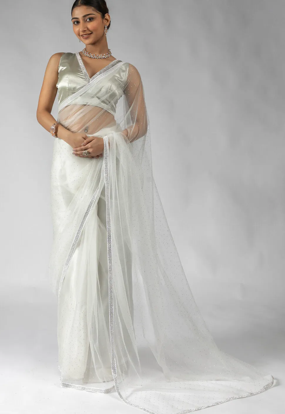 Pre Stitched Net Saree in Off White