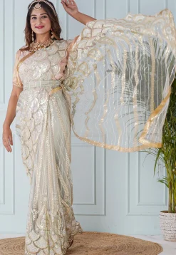 Pre Stitched Net Scalloped Hem Saree in Pastel Green