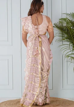 Pre Stitched Net Scalloped Hem Saree in Baby Pink