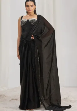 Pre Stitched Organza Saree in Black