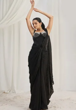 Pre Stitched Organza Saree in Black